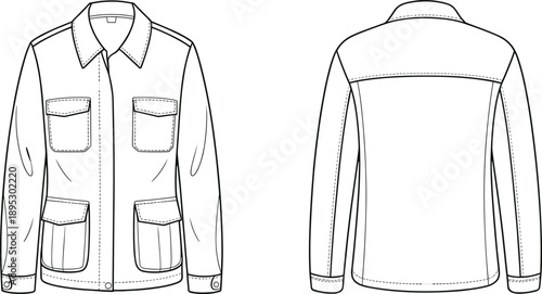 Technical fashion sketch of utility jacket front and back view, detailed garment design for apparel production, vector illustration