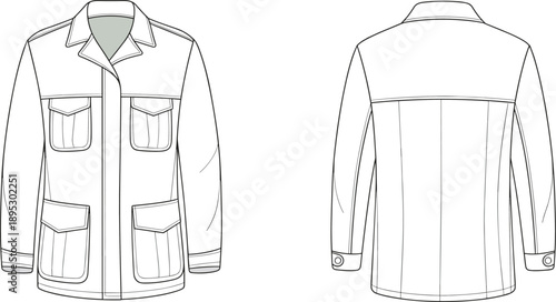Technical fashion sketch of men's utility jacket, front and back view, detailed seams, pockets, cuffs, garment blueprint design