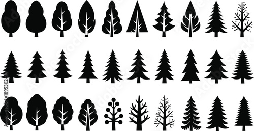 Stylized tree silhouette icon set featuring pine and deciduous shapes, black forest symbols for logos, patterns, posters, backgrounds, and modern nature design