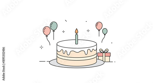 Birthday cake with lit candle and balloons celebration.