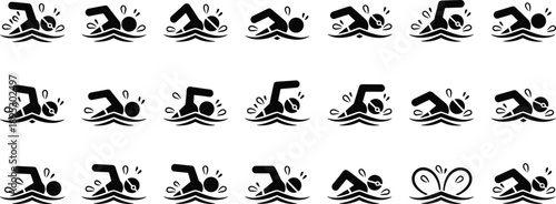 Swimming pictogram icons set illustrating freestyle stroke swimmer motion splashes and aquatic activity symbols for sport fitness training competition infographic and vector design isolated on white