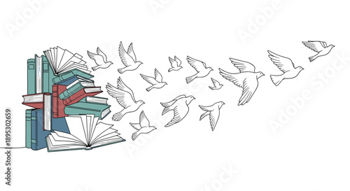 Books Transforming into Flying Birds Symbolizing Freedom and Knowledge, Generative AI.