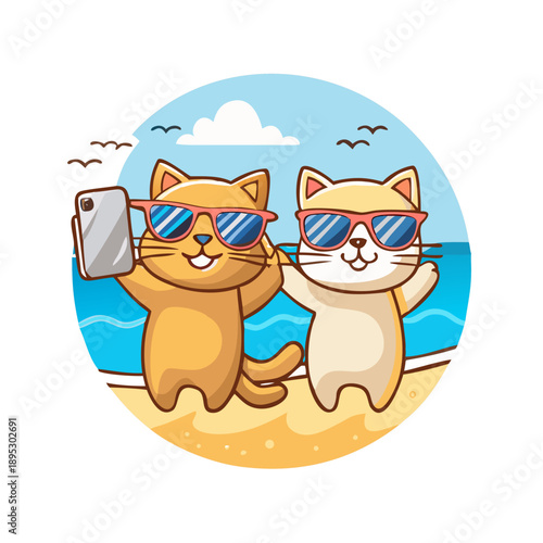 Two cats are taking selfies on a beach wearing sunglasses, sunny day with blue water
