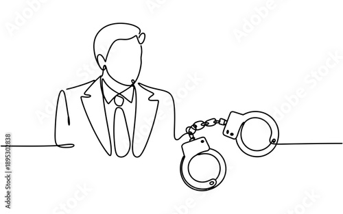 A continuous line art drawing of a businessman in a suit with handcuffs symbolizing legal troubles