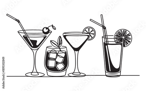 A collection of various classic cocktail drinks in different glasses, hand-drawn outline illustration