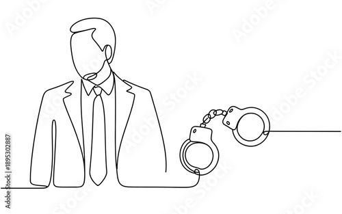 Abstract continuous line drawing of a professional linked to handcuffs, symbolizing legal accountability