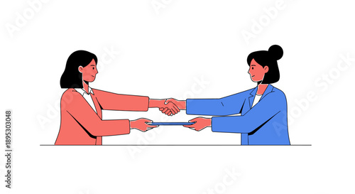 Professional Women Handshake and Digital Agreement. Collaboration, successful partnership, and deal finalization using tablet technology.