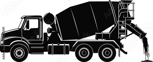 Concrete mixer, truck, silhouette, construction, pouring, drum, chute, vehicle, industrial, equipment, black and white, minimalistic, transport, machinery, engineering, 