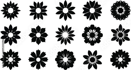 Black flower silhouette icons set including variety of floral circular patterns isolated on transparent background