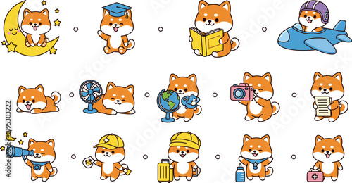Collection of Cute Shiba Inu Dog Icons Featuring Various Poses as Graduate Reader Pilot Traveler Photographer Doctor and Stargazer in Flat Illustration.