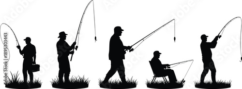 Black and white fishing silhouettes collection showing anglers casting rods in various poses for outdoor sport and recreation design