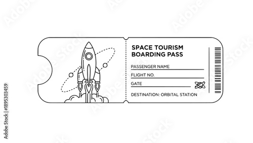 Space Tourism Ticket Rocket Boarding Pass Single Line Art Futuristic Icon