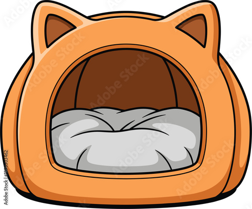 Cozy orange cat shaped pet bed with soft gray cushion and pointed ears isolated on white background vector illustration for animal care and domestic pet comfort themes.