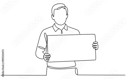 Continuous line drawing of a man holding a blank rectangular sign for your message