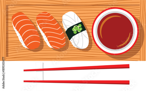 Top view of Japanese sushi nigiri with salmon and tamago on a wooden tray with soy sauce and red chopsticks vector illustration