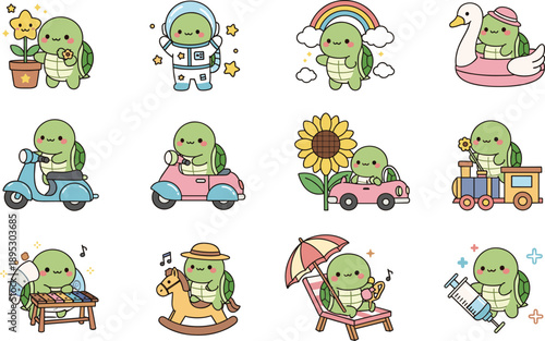 Collection of Cute Turtle Icons Featuring Various Poses as Astronaut Driver Musician Doctor and Traveler in Detailed Kawaii Flat Vector Illustration Set.