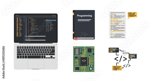Programming and Coding Essentials Laptop Book Code Circuit Board and Flowchart, Generative AI.