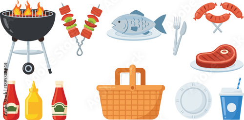 Picnic barbecue vector set with grill, meat, fish, kebabs, sauces and outdoor food basket for summer design