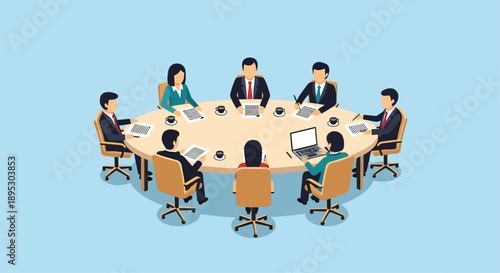 A group of professionals seated around a circular table in a meeting
