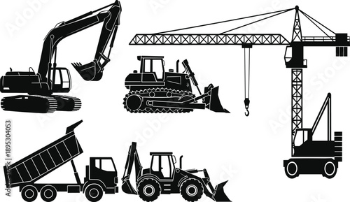 Construction, machinery, silhouette, excavator, bulldozer, dump truck, backhoe loader, crane, mobile crane, tower crane, equipment, industrial, earthmoving, heavy vehicle, black and white, 