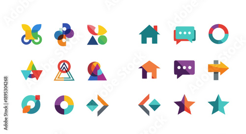 Colorful abstract icons arranged in a grid pattern on a white background