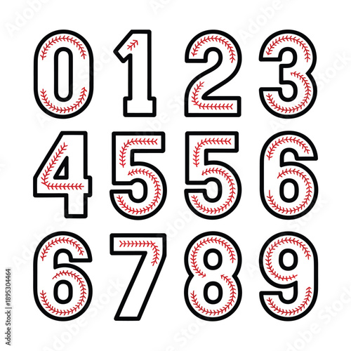 Baseball numbers zero through nine with stitched texture and black outline