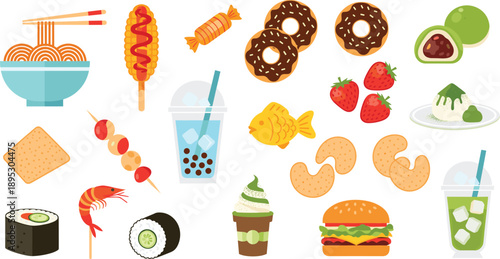 Collection of Asian and Fast Food Icons Featuring Sushi Ramen Corn Dogs Bubble Tea Taiyaki Mochi Burgers and Donuts in Flat Vector Illustration.