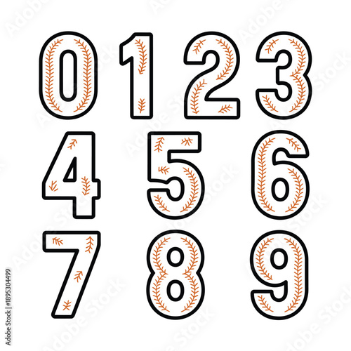 Numbers zero through nine styled like baseballs arranged in a grid