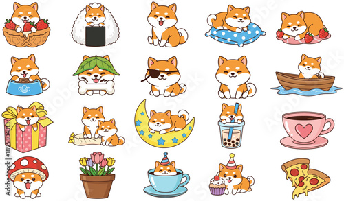Collection of Cute Shiba Inu Dog Icons Featuring Various Poses With Strawberries Sushi Bubble Tea Flowers Gift Boxes and Pizza in Flat Illustration.