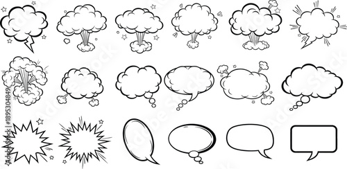 Black and White Comic Smoke Cloud and Explosion Elements Set with Blank Speech Bubbles for Cartoon Effects, Dialogue, and Graphic Design Use