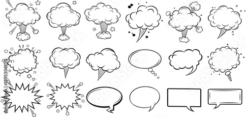Black and White Comic Smoke Clouds and Explosion Elements Set with Blank Speech Bubbles for Cartoon, Dialogue, and Graphic Design Use