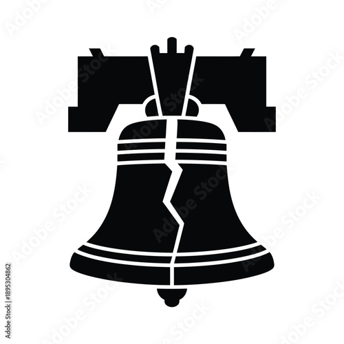 A stark black silhouette of the liberty bell with a prominent crack