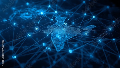 Digital map of India with glowing network connections and data points across the country Keywords: India, map, digital, network, connection, global, technology, data, communication, internet