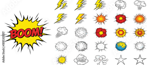 Comic Book Explosion and Action Effects Set with Boom Text, Lightning Bolts, Smoke Clouds, Fire Blasts, and Dynamic Cartoon Impact Symbols