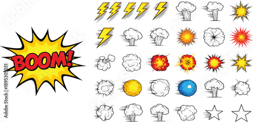 Comic Book Explosion Effects and Action Symbols Set with Boom Text, Lightning Bolts, Smoke Clouds, Fire Blasts, and Dynamic Impact Elements