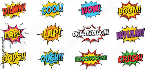 Comic Book Pop Art Action Sound Effect Text Set with Boom, Crash, Wham, Wow, and Expressive Onomatopoeia Explosion Elements