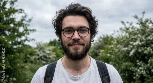 Friendly young bearded man with glasses and dark wavy hair smiles gently at the camera while standing outdoors in a park with a blurred green natural background