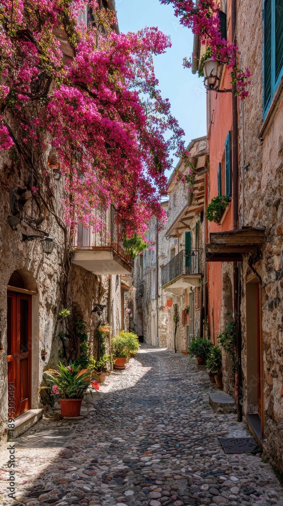 Fototapeta premium A narrow cobblestone street in an Italian village decorated with spring flowers, looking up at the sky