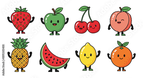Cute cartoon fruits with smiling faces and tiny arms and legs