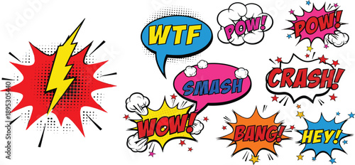 Comic Book Pop Art Speech Bubbles and Explosion Elements with Wow, Bang, Smash, Pow Sound Effects for Comics and Graphic Design