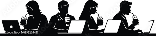 Coworking, teamwork, laptop, silhouette, cafe, freelance, remote work, digital nomad, modern lifestyle, straw drink, collaboration, productivity, casual workspace, technology, seated people, creative 
