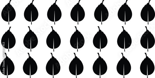 Black and white leaf silhouettes pattern collection featuring minimalist botanical icons repeated in grid layout for nature design backgrounds