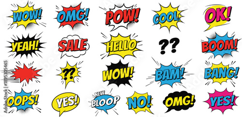 Comic Book Pop Art Text and Speech Bubble Set with Wow, Boom, Sale, Yes, Oops, and Sound Effect Expressions