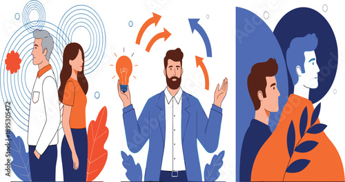 Creative Leadership and Decision Making Concept Illustration Showing Ideas, Choices, Perspective Change, Personal Growth, Team Thinking, and Innovation in Modern Business