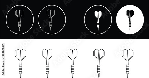 Collection of Professional Dart Arrow Icons Featuring Various Minimalist Black and White Designs and Circular Emblem Styles in Detailed Flat Vector Illustration Set.
