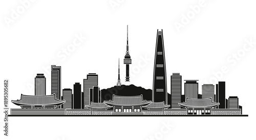 Detailed Black City Skyline Silhouette with Skyscrapers
