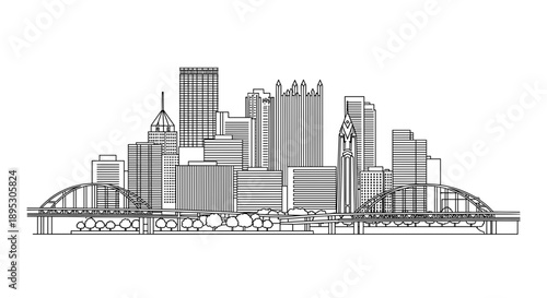 Detailed Pittsburgh Bridge and Cityscape Line Art