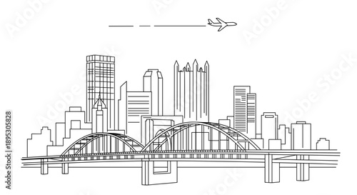 Modern city skyline line art with bridge and buildings