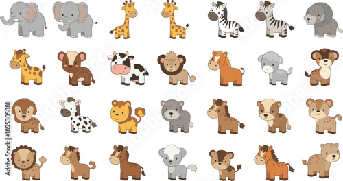 Collection of Cute Baby Animal Icons Featuring Elephant Giraffe Zebra Lion Cow Horse Sheep and Hyena in Detailed Flat Vector Illustration Set.