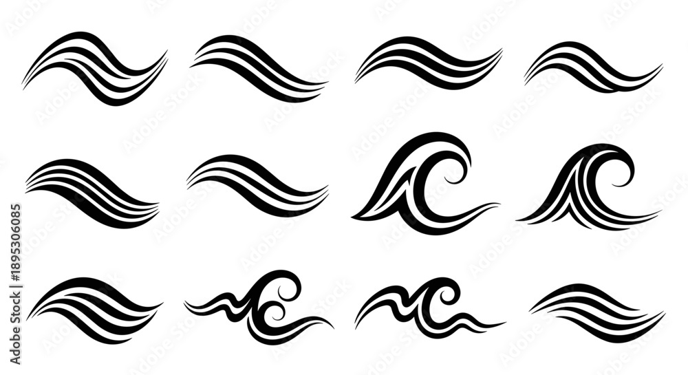 Fototapeta premium Set of stylized sea waves icons for nautical design